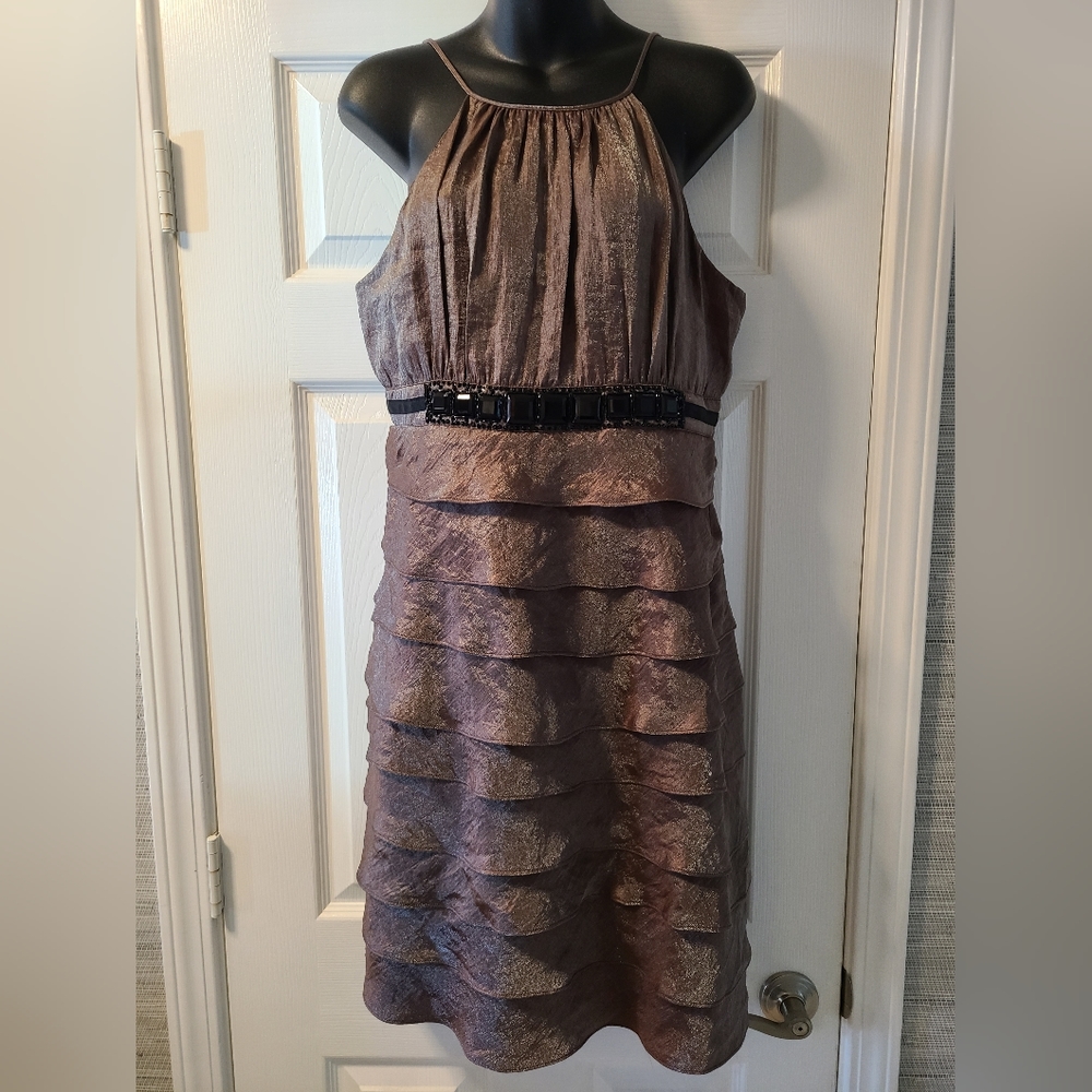AGB Dress Bronze Tiered Lined Sleeveless Dress Beading Size 14